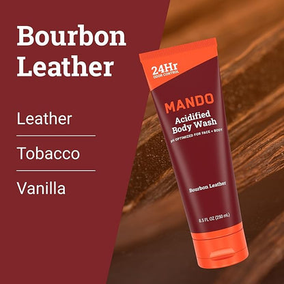 Mando Odor Shield Body Wash - 24 Hour Control - Removes Odor Better than Soap - SLS Free, Paraben Free, Skin Safe - 8.5 Ounce (Pack of 2) (Bourbon Leather)