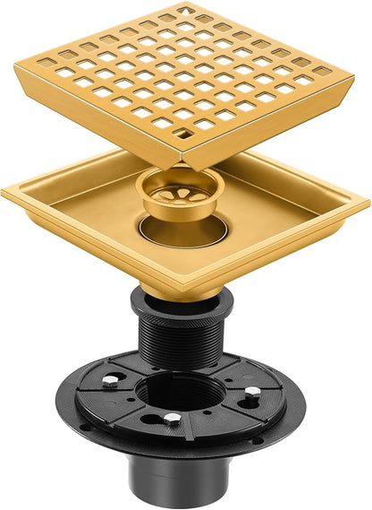 Shower Drain, Brushed Gold 6 inch Shower Floor Square Drain with Flange, Removeable Grid Panel SUS 304 Stainless Steel Square Shower Drain