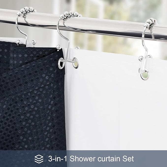 3 in 1 Long Navy Blue Shower Curtain Set-72 W x 78 H, Modern Waffle and PEVA Liner Set with 12 Stainless Steel Hooks, Waterproof Fabric for Bathroom
