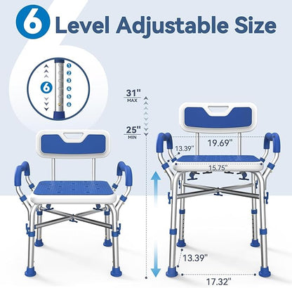 FSA/HSA Eligible Shower Chair for Inside Shower with Reinforced Crossing Bar, Heavy Duty Shower Seat 500lbs with Padded Arms and Back, Height Adjustable Shower Chair for Elderly and Disabled