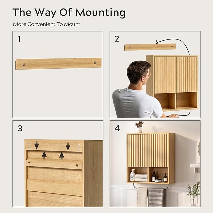 Fluted Wall Cabinet Set of 2, Wooden Bathroom Medicine Cabinet Storage with 2 Doors, Adjustable Shelf and Towels Bar, Modern Wall Mount Large Floating Cabinet for Kitchen Natural Oak