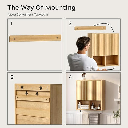 Fluted Wall Cabinet Set of 2, Wooden Bathroom Medicine Cabinet Storage with 2 Doors, Adjustable Shelf and Towels Bar, Modern Wall Mount Large Floating Cabinet for Kitchen Natural Oak