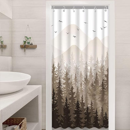 Aipon Brown Misty Forest Shower Curtain Ombre Nature Tree Plants Shower Curtains Fabric Waterproof Mountain Shower Curtain Sets for Bathroom Bath Decor (Brown, 36'' × 72'')
