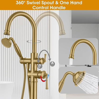 Freestanding Bathtub Faucet, Floor Mount Tub Faucet Brushed Gold High Flow Tub Filler, Roman Tub Faucet with Antique Handheld, Swivel Gooseneck Spout Shower Mixer Taps (B2311-BG)
