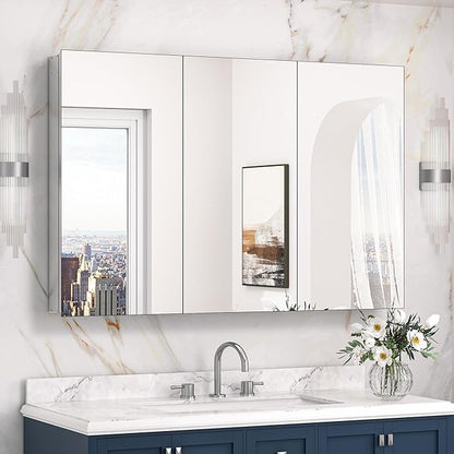 Keonjinn 48 x 32 Inch Oversized Medicine Cabinet for Bathroom with Mirror, Assembly Required, Silver Aluminum Structure, Free Adjustable Shelves, Combined Recessed or Surface Mount Wall Cabinet