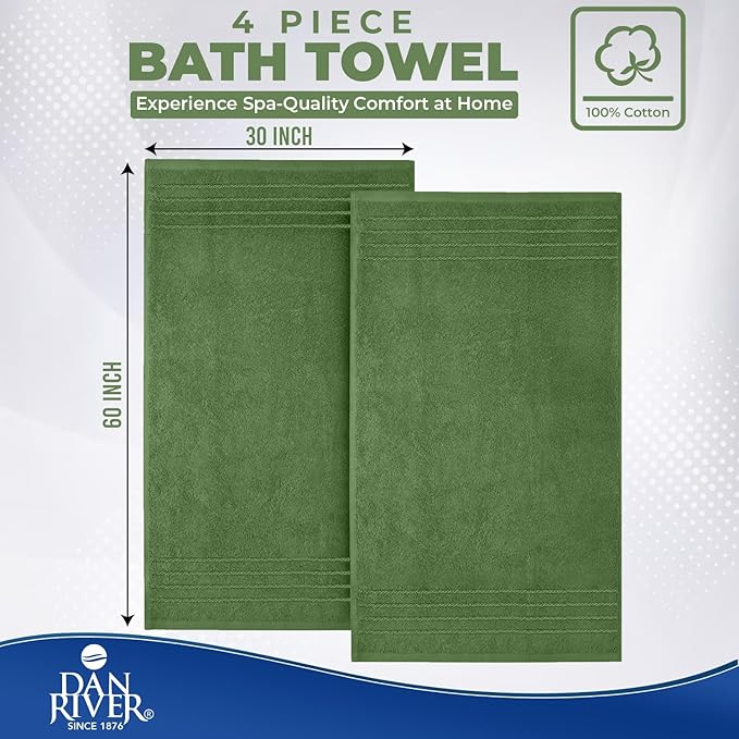 DAN River Extra Large Bath Towels Set of 4, 30 x 60 Inches - 100% Cotton Larger & Lighter Weight Towels for Bathroom - Quicker to Dry, Super Soft & Highly Absorbent Towels for Home, Sage Green