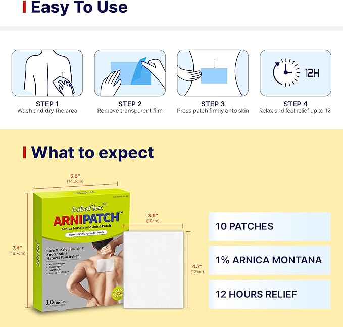 Arnica Hydrogel Pain Relief Patches | Natural Relief for Muscle, Joint, Bruises & Swelling | Flexible, Non-Greasy & Long-Lasting | Great for Back, Knee & Neck Pain (3.9"x4.7", 10, Count)