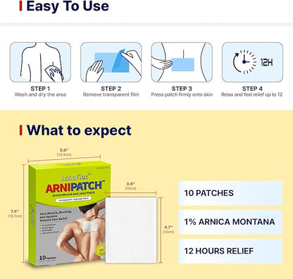 Arnica Hydrogel Pain Relief Patches | Natural Relief for Muscle, Joint, Bruises & Swelling | Flexible, Non-Greasy & Long-Lasting | Great for Back, Knee & Neck Pain (3.9"x4.7", 10, Count)