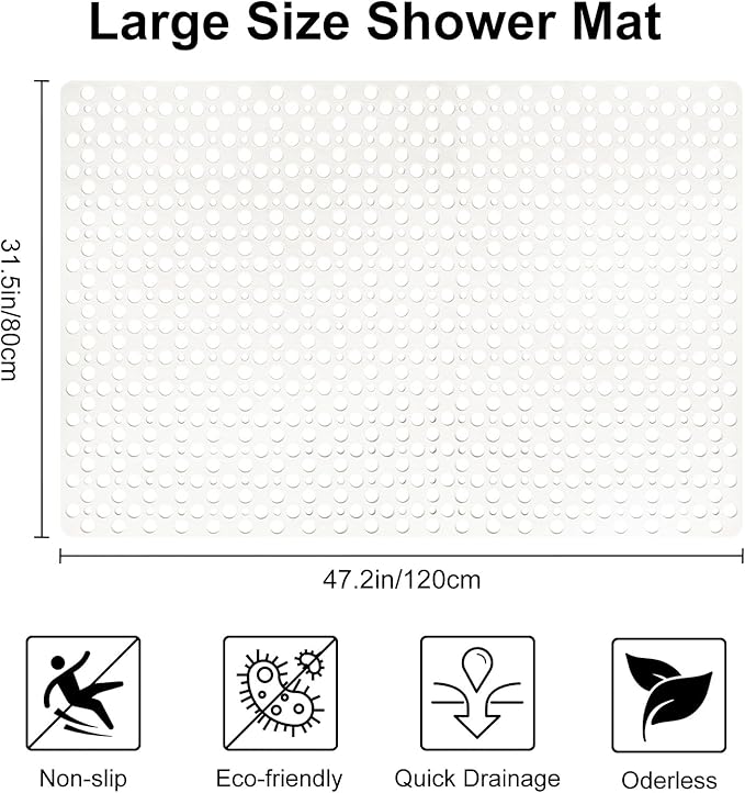 Non Slip Shower Mat with Suction Cups, 31.5x47.2 Inch Quick Drain TPE Anti Slip Shower Mats for Inside Shower, Large Shower Stall Mat Soft on Feet, Easy to Dry&Cut Machine Washable