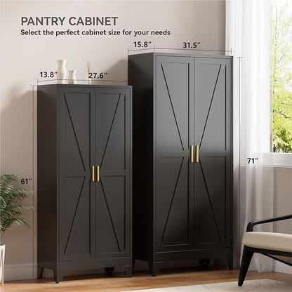 61" Tall Metal Kitchen Pantry Storage Cabinet with Double Doors & 3 Adjustable Shelves, Freestanding Cupboard for Kitchen, Dining Room, Bathroom, Black