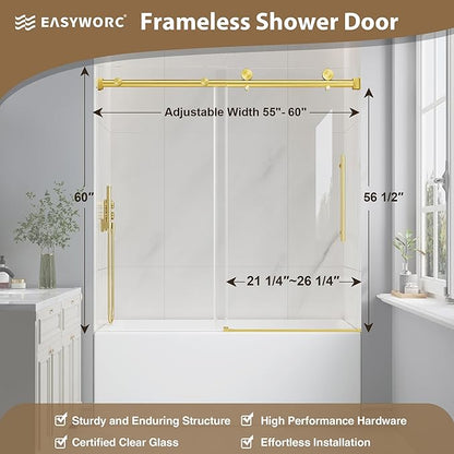 Bathtub Shower Door Frameless, 55-60" W x 60" H Sliding Tub Shower Door, 1/4''(6mm) SGCC Tempered Glass with Explosion-Proof Film Nano Coating, Stainless Steel Hardware, Brushed Gold