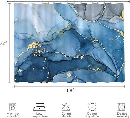 Extra Wide Marble Shower Curtain 108 x 72, Blue Abstract Shower Curtains for Claw Foot Tub, Modern Luxury 108 inch Long Shower Curtain Set with 18 Pack Plastic C-Hooks