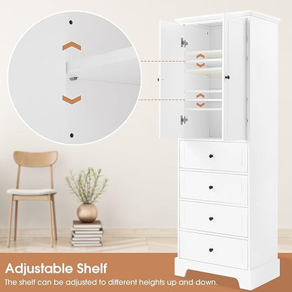 Favfurish 68" Tall Bathroom Storage Cabinet with Doors and 4 Drawers,Modern Linen Cabinets w/Adjustable Shelves & Anti-Tipping Device,Freestanding Organizer for Bath Room,Study,Office,Kitchen White