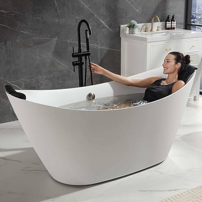 Empava Update Acrylic Whirlpool Bathtub, 67-Inch Freestanding Boat Shaped Jetted Bathtub with Healing Chromotherapy, 18 Hydromassage Jet, Double-Ended Massage Bathtub with Two Black Pillows