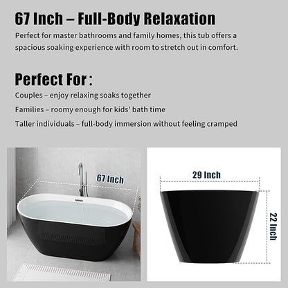 Freestanding Bathtubs 67 inch Acrylic Stand Alone Tub – Black Exterior White Interior, Chrome Drain, Deep Ergonomic Oval Soaking Tub, Modern Freestanding Tub for Bathroom, Family Use