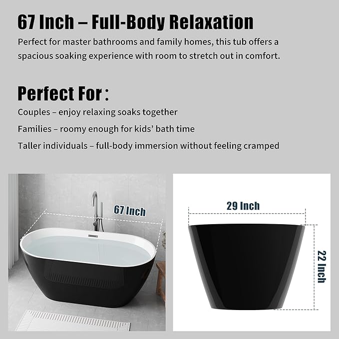 67 Inch Acrylic Freestanding Bathtub, Acrylic Soaking Bathtub with Matte Drain and Overflow, Deep Ergonomic Tub with Double-Walled Insulation, CUPC Certified, Modern Square Design