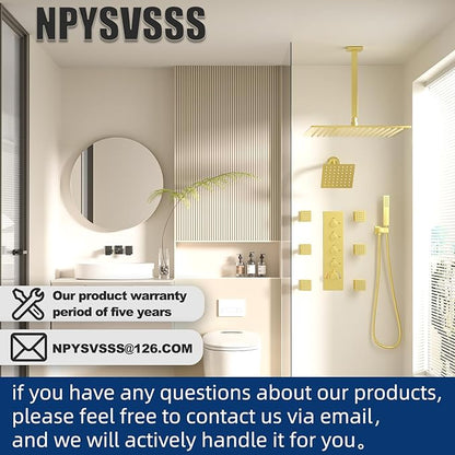 Thermostatic Shower System Dual Shower Heads with 16" Ceiling Mounted Rain Shower Head & 6" Wall Mounted Head 4 Function Shower System with body jets Can All Run Together, Brushed Gold