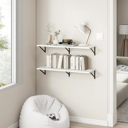 Fun Memories 40 Inch Floating Shelves, 12 Inch Deep Wall Shelf, 40 x 12 Floating Shelf Set of 2, White Wood Floating Shelf Wall Mounted, Large Kitchen Living Room Bedroom Storage Shelves