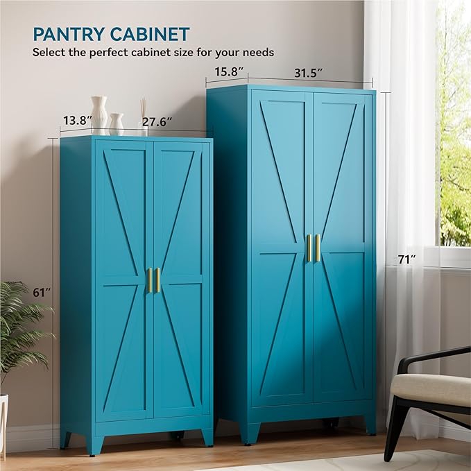 71" Metal Storage Cabinet - 5-Tier Heavy-Duty Pantry Cabinet with Adjustable Shelves & Barn Doors for Kitchen Garage,Blue