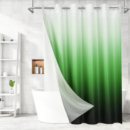 MitoVilla No Hooks Needed Extra Long Shower Curtain Liner Set, 86 inch XL Emerald Green Ombre Heavyweight Waffle Fabric Cloth Shower Curtains with Snap-in Liner for Modern Luxury Hotel & Spa Bathroom