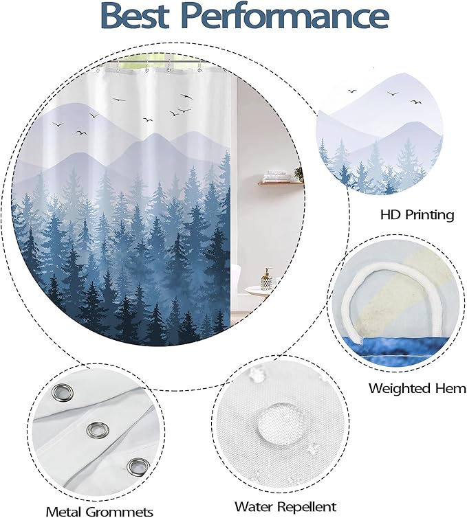 Aipon Blue Misty Forest Shower Curtain Ombre Nature Tree Plants Shower Curtains Fabric Waterproof Mountain Shower Curtain Sets for Bathroom Bath Decor with 12 Hooks (Blue, 72'' × 72'')