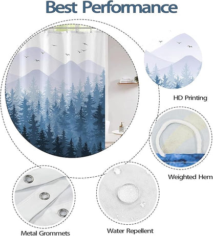 Aipon Blue Misty Forest Shower Curtain Ombre Nature Tree Plants Shower Curtains Fabric Waterproof Mountain Shower Curtain Sets for Bathroom Bath Decor with 12 Hooks (Blue, 72'' × 72'')