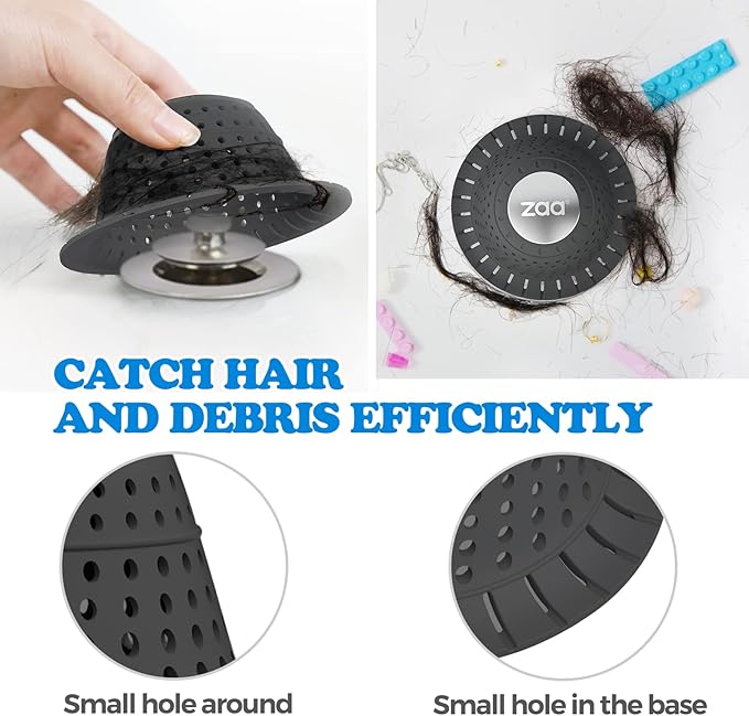 zaa Bathtub Drain Hair Catcher, Premium Silicone Collapsible One Pack Drain Protector for Pop-Up and Regular Drains of Shower, Bathtub, Tub, Bathroom, Sink, Black