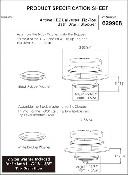 Artiwell Universal Tip Toe Bath Drain Stopper and Cover, Bathtub Drain Stopper, Replaces Lift and Turn, Tip-Toe and Trip Lever drains for Tub, EZ Installation and Clearing (MATT Black)
