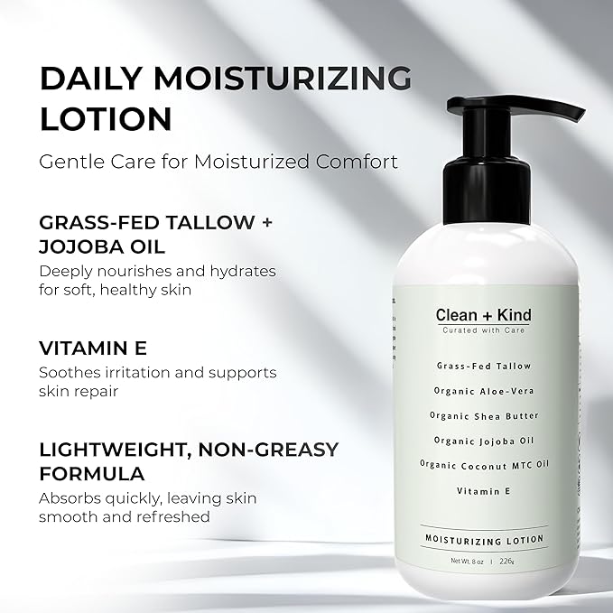Daily Moisturizing Lotion – Tallow Body Lotion with Aloe Vera, Shea Butter, Jojoba Oil, MCT Oil & Vitamin E – Deep Hydration for Dry, Rough, Sensitive Skin (8 oz, Vanilla)