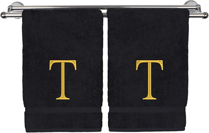 Monogrammed Hand Towel, Personalized Initial Gift, Extra Absorbent 100% Turkish Cotton - Soft Terry Finish - Set of 2 - Gold Block Initial T - Embroidered on Black Towels