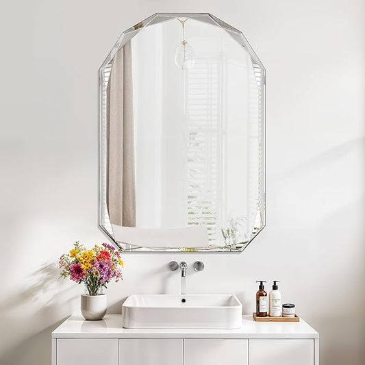 Bathroom Mirror for Wall, 20" x 30" Arched Mirror, Bathroom Vanity Mirrors, Beveled Edge Frameless Wall Mount Vanity Mirrors, Wall Mirror Decorative, Irregular Beveled Edge Mirrors