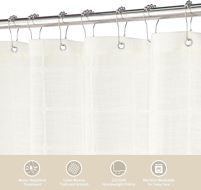 MitoVilla Cream White Small Stall Shower Curtain 36 x 72, Narrow Polyester Linen Fabric Shower Curtains for Farmhouse Bathroom Decor, Brown Half Size Cloth Shower Curtain Set with Hooks, Ivory