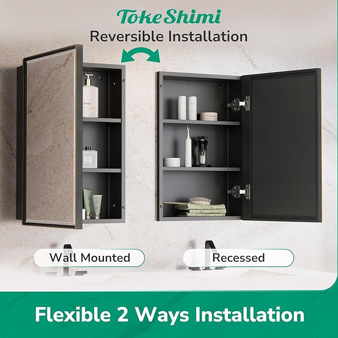 TokeShimi 16 x 24 Beveled Mirrored Medicine Cabinet Recessed, Bathroom Mirror with Storage Adjustable, Aluminum Frame Metal Oil Rubbed Bronze Medicine Cabinet with Mirror