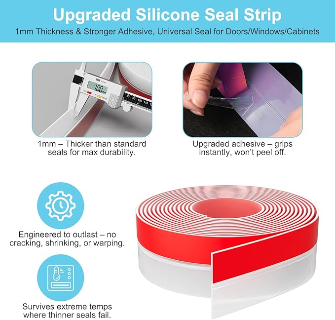 Heavy-Duty 20 ft x 1 in Weather Stripping, Door Draft Stopper Silicone Seal Strip for House and Glass Shower Doors for Collision and Side Gaps of Door and Windows, Clear
