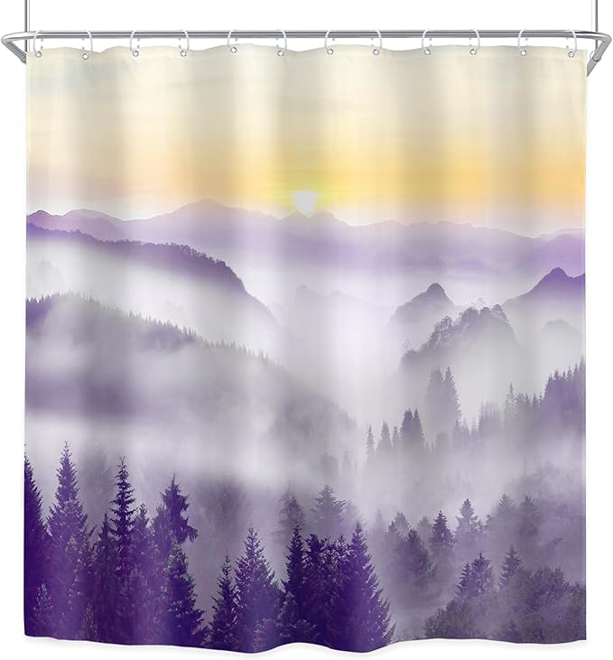 Riyidecor Misty Mountain Shower Curtain 72Wx72H Inch Purple Sunrise Nature Scenery Foggy Pine Tree Woodland Modern Rustic Natural Landscape Bathroom Decor Fabric Polyester Waterproof 12 Pack Hooks