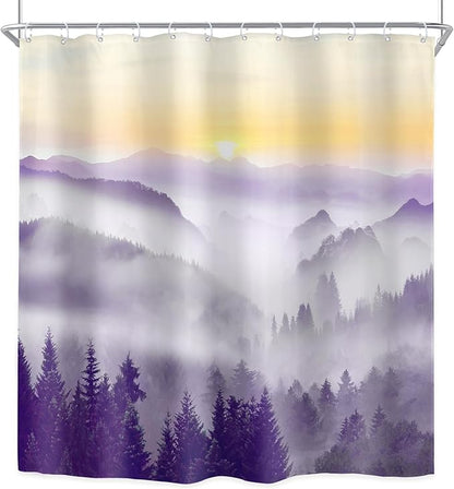 Riyidecor Misty Mountain Shower Curtain 72Wx72H Inch Purple Sunrise Nature Scenery Foggy Pine Tree Woodland Modern Rustic Natural Landscape Bathroom Decor Fabric Polyester Waterproof 12 Pack Hooks