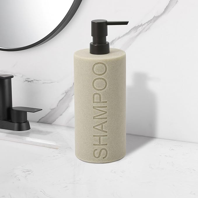 Resin Tan Sandstone Shampoo Engraved Bottle Refillable Pump Dispenser, Durable Waterproof Resin Construction for Bath, Shower - Tan Sandstone ORB Pump