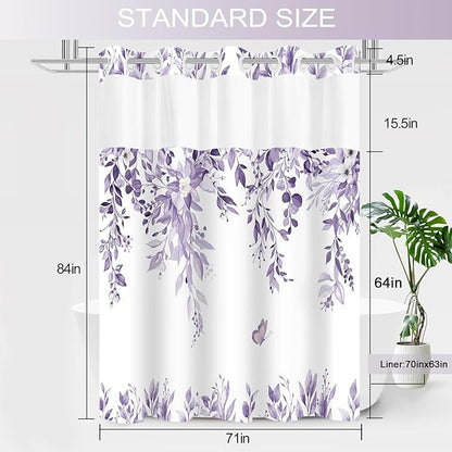 No Hook Shower Curtain and Liner Set, Light Purple Eucalyptus Floral Shower Curtains for Bathroom, Bath Curtain Sets with Snap in Liner, Waterproof with See Through Top Window, 71x84 Inches