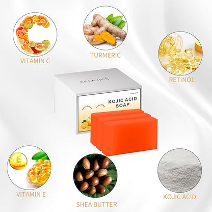 Kojic Acid Soap Bars with Retinol, Collagen, Vitamin C, Fresh Orange Scent for Face and Body, Moisturizes, Smooth and Evenly Radiant (3 Pack)