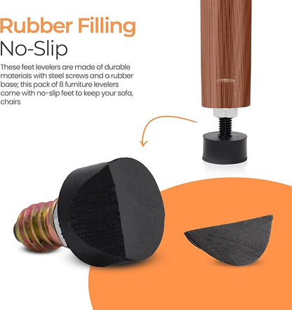 M8 Rubber Adjustable Furniture Leveler，8 Pack Leveling Feet Screws in Threaded, Feet Levelers Screw On Furniture Glide Leveling for Table, Chair, Furniture Legs