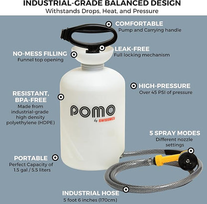 Pomo High Pressure 5L Portable Shower, Outdoor Shower, Camping Shower, Surf Rinse Kit, Beach Shower, Dog Wash, Boat Rinse, Car Shower, 1.5 Gallon Multi-use Sprayer, Hand Pump 45 PSI - No Power Needed!