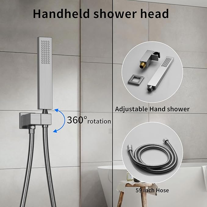Bathroom shower system Ceiling 14x20 inch shower head, spray with handle, 6 PCS Body Jet and Handheld, temperature display shower faucet set (Brushed Nickel)