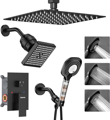 Shower Faucet Set, Ceiling Mount Shower System 12-inch & 6-inch Filtered Black Shower Head and Handle Set, Dual Shower Heads with 3 in 1 Handheld Spray and Valve & Trim Kit