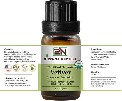 Vetiver Essential Oil USDA Certified Organic, 100% Pure Natural Premium Grade, Undiluted- Aromatherapy Diffuser for Calm and Relaxation, Skin Care, Hair Care