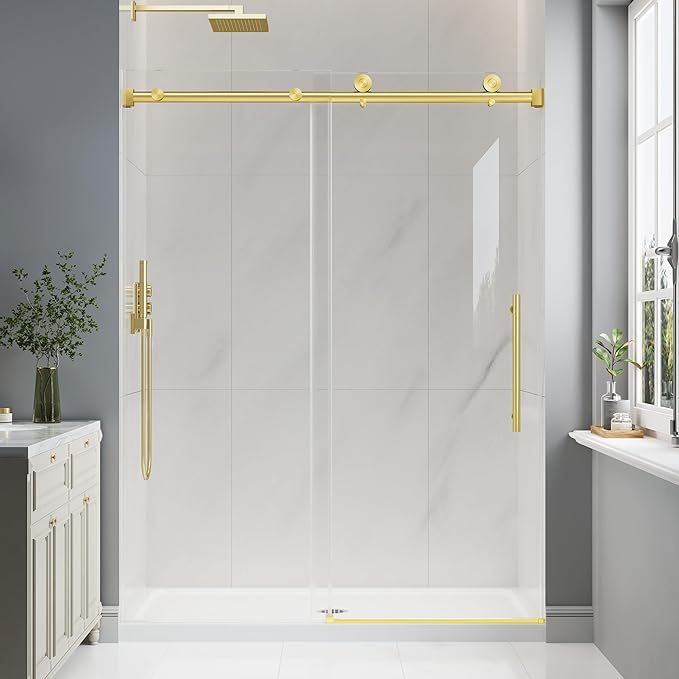 Frameless Glass Shower Door, 49-54" W x 76" H Sliding Frameless Shower Door, 1/4''(6mm) SGCC Tempered Glass, Explosion-Proof Film Nano Coating, Stainless Steel Hardware, Brushed Gold