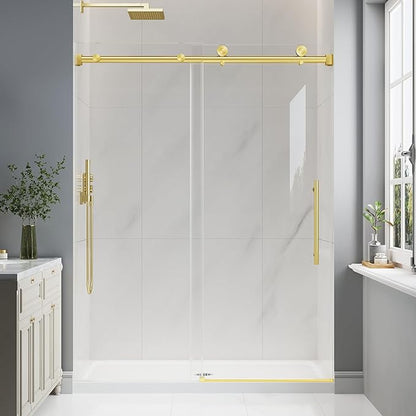 Frameless Glass Shower Door, 49-54" W x 76" H Sliding Frameless Shower Door, 1/4''(6mm) SGCC Tempered Glass, Explosion-Proof Film Nano Coating, Stainless Steel Hardware, Brushed Gold