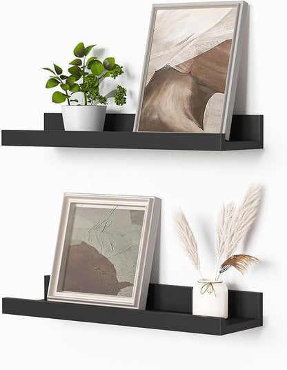 Heimlove Picture Ledge Shelf, Small Floating Shelves Set of 2, 16 Inches Picture Shelf for Wall with Ledge, Kids Bookshelf Wall Mounted for Living Room Bedroom Decor Books Photo Frames, Black