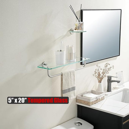 JQK Bathroom Glass Shelf, Shelf with 19 Inch Towel Bar Tempered Glass Shower Storage 20 by 5 inches, 304 Stainless Steel Brushed Finish Wall Mount, TGS100L20-BN