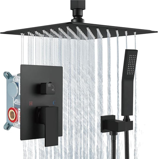 Aolemi Ceiling Mount Shower System Rain Shower Head with Handheld Spray High Pressure Shower Faucet Set Rough-in Valve Shower Trim Kit Included Bathroom Matte Black 10 Inch Ceiling Shower Head