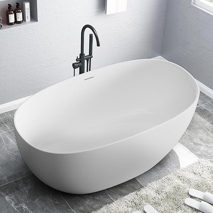 Stone Resin Freestanding Bathtubs,Soklawah 63" Solid Surface Luxury Soaking Tub,Oval Stand Alone Bathroom Bath tub with Drain & Integrated Slotted Overflow,Matte White Elegant Soaker Free Standing Tub